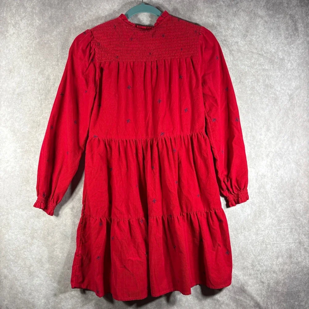 Vineyard Vines Dress Girl M 12-14 Red Corduroy Bow Smocked Tiered Preppy Holiday